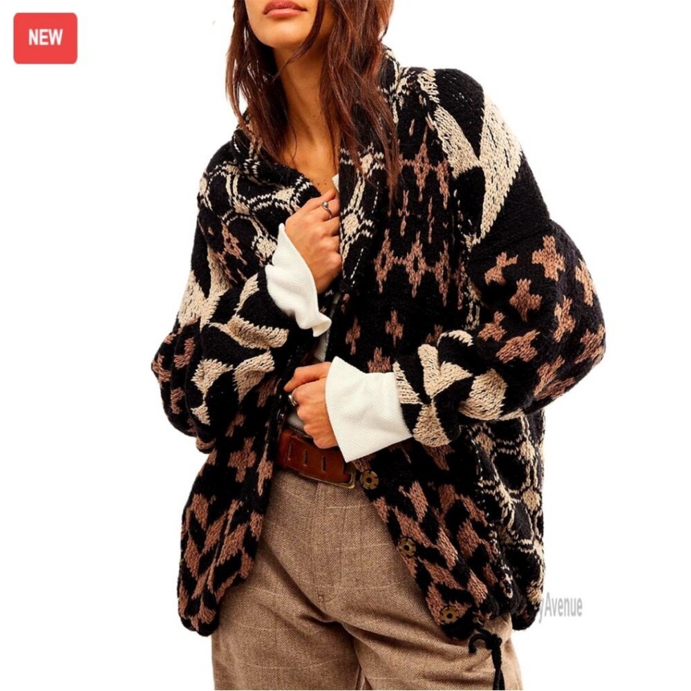 Cozy Black and Brown Patterned Cardigan free people